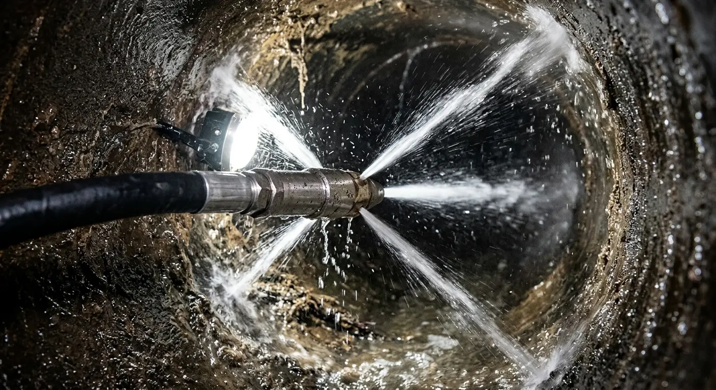 High-pressure hydro jetting nozzle cleaning sewer pipe for Trenchless Sewer Repair in Lindenhurst
