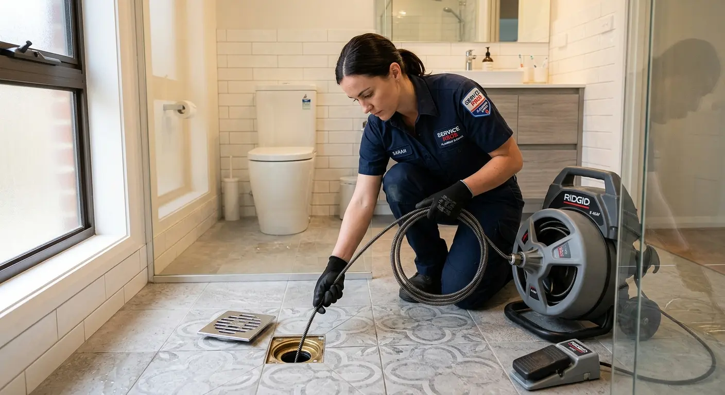 Technician clearing a bathroom floor drain for Sewer Line Installation in Lindenhurst